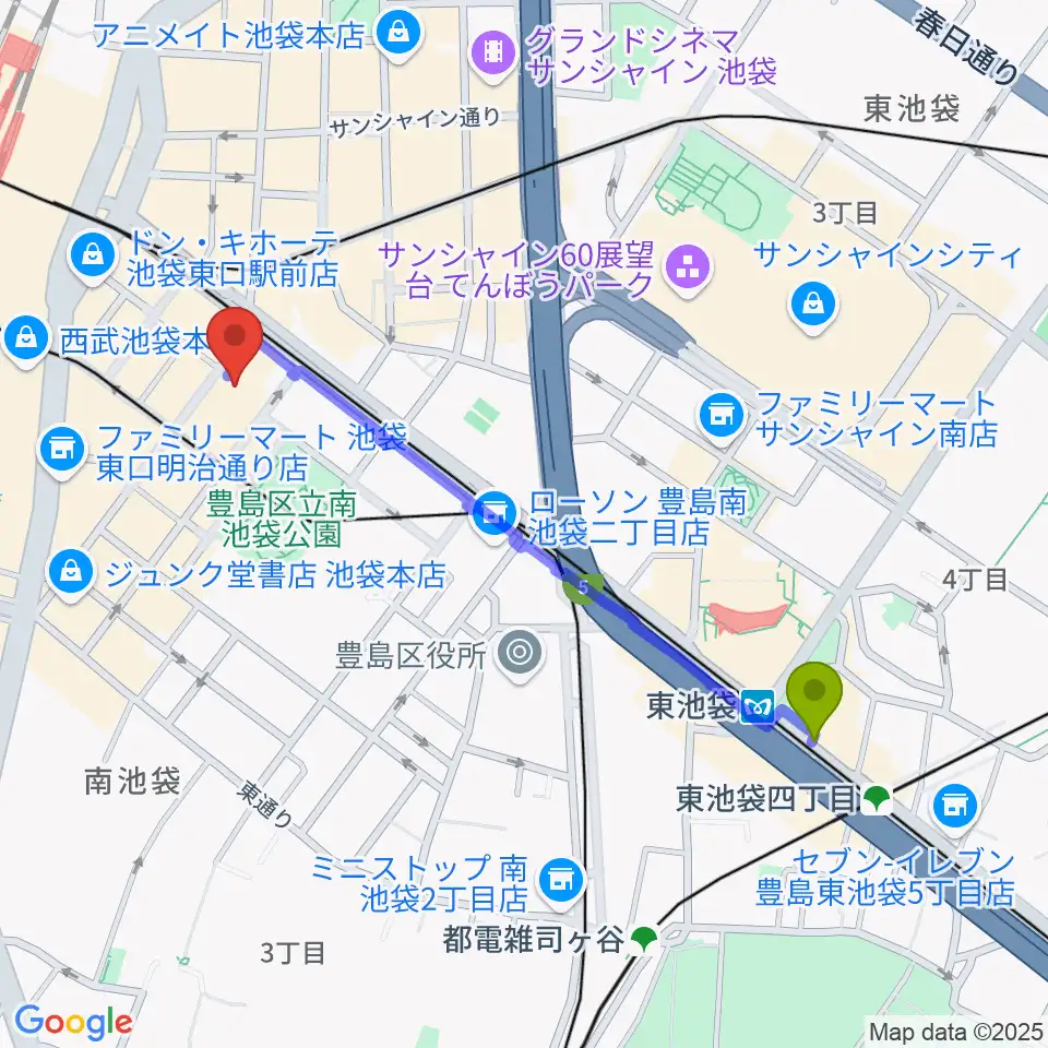 東池袋駅からクロサワバイオリン池袋店へのルートマップ地図