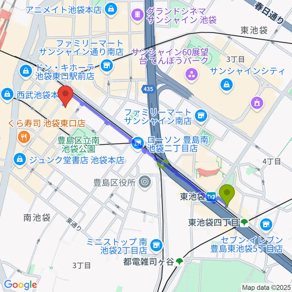 東池袋駅からクロサワバイオリン池袋店へのルートマップ地図