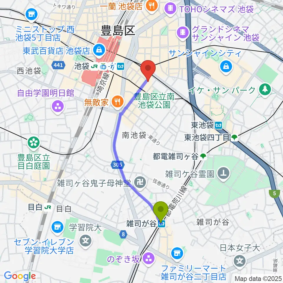 雑司が谷駅からクロサワバイオリン池袋店へのルートマップ地図