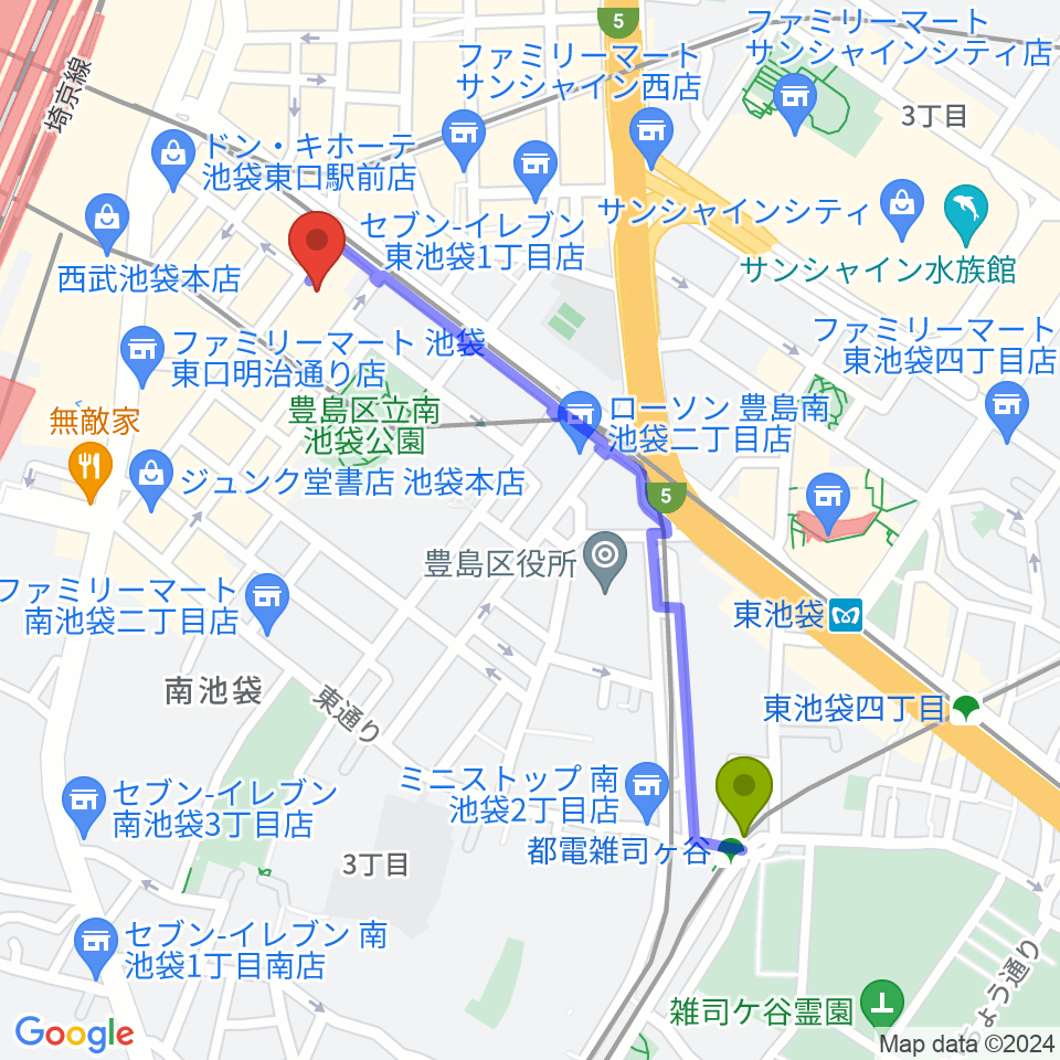都電雑司ヶ谷駅からクロサワバイオリン池袋店へのルートマップ地図