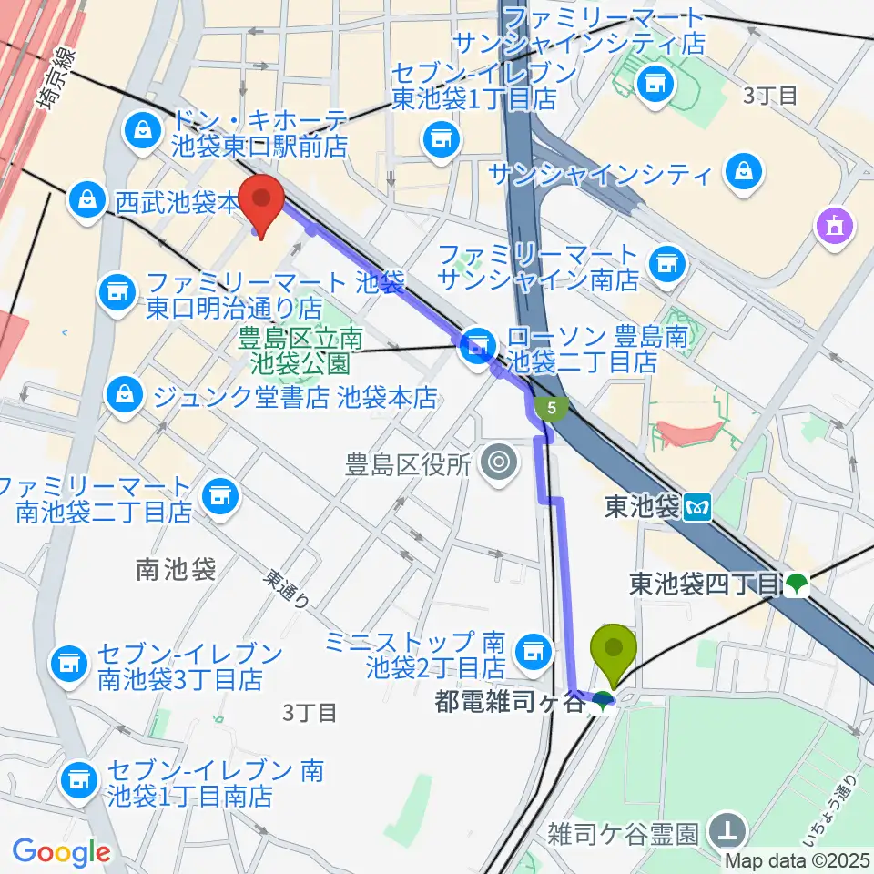 都電雑司ヶ谷駅からクロサワバイオリン池袋店へのルートマップ地図