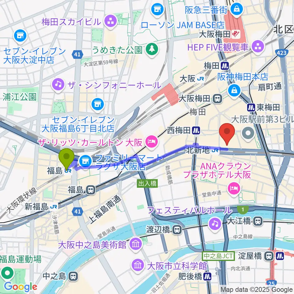 福島駅から三木楽器ローブラスセンターへのルートマップ地図