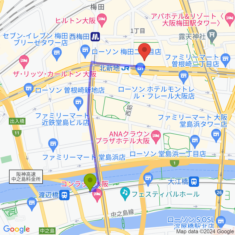 渡辺橋駅から三木楽器ローブラスセンターへのルートマップ地図