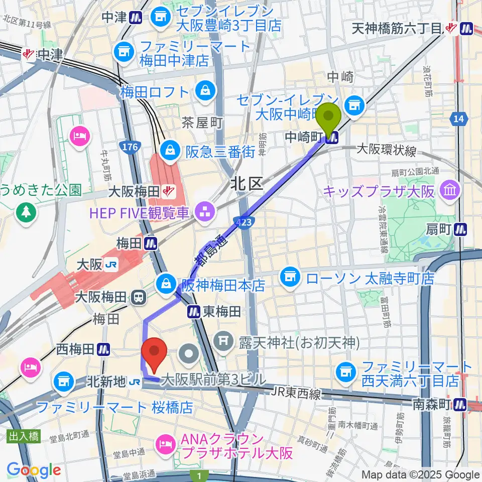 中崎町駅から三木楽器ローブラスセンターへのルートマップ地図