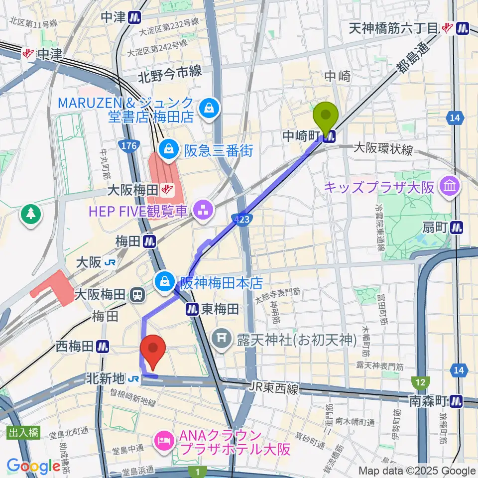 中崎町駅から三木楽器ローブラスセンターへのルートマップ地図
