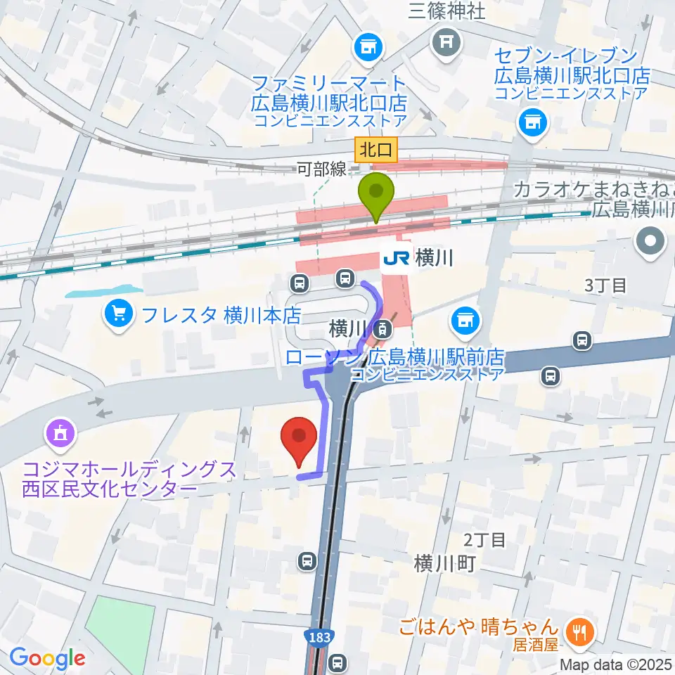 松本楽器店の最寄駅横川駅からの徒歩ルート（約3分）地図