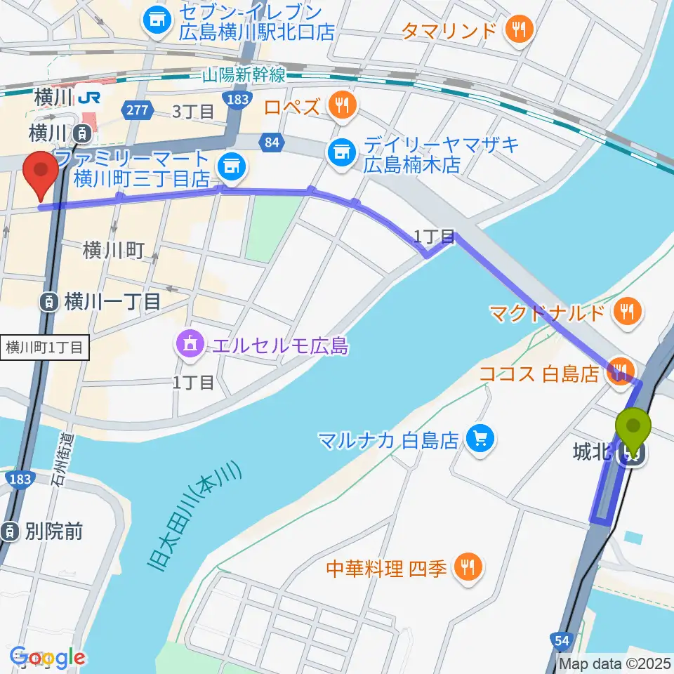 城北駅から松本楽器店へのルートマップ地図