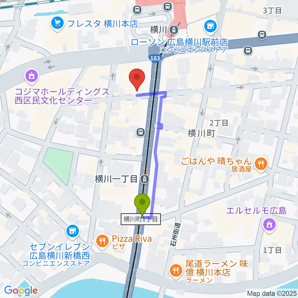 横川一丁目駅から松本楽器店へのルートマップ地図