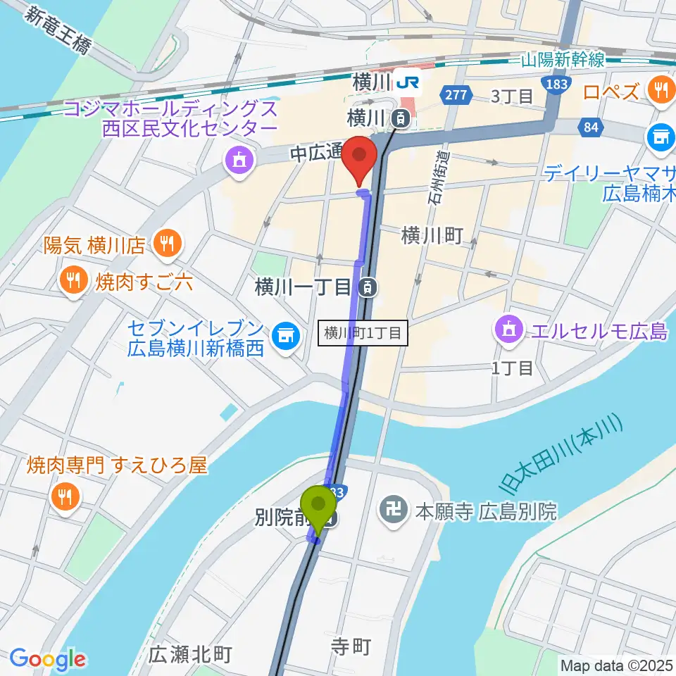 別院前駅から松本楽器店へのルートマップ地図