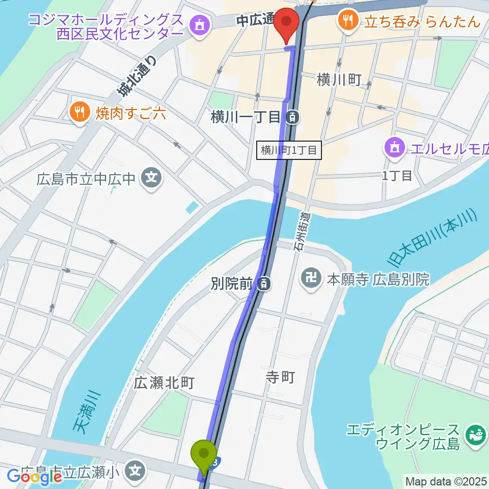 寺町駅から松本楽器店へのルートマップ地図