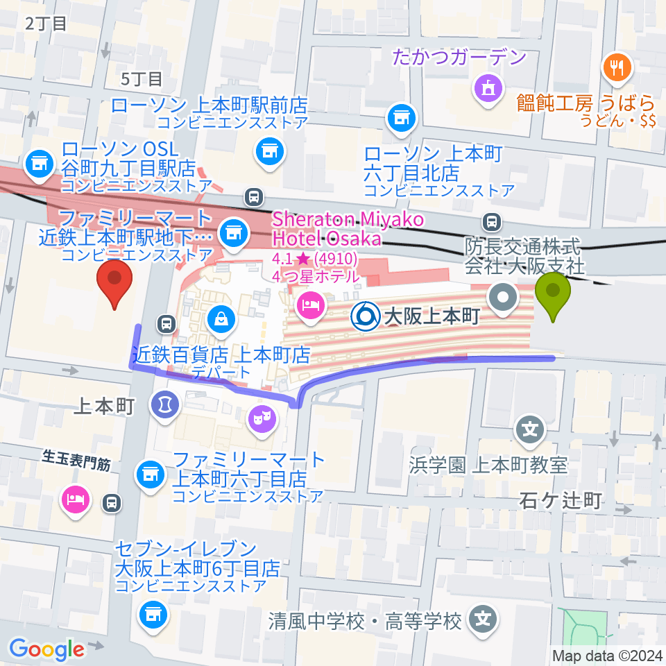 ウインド・スタイの最寄駅大阪上本町駅からの徒歩ルート（約5分）地図