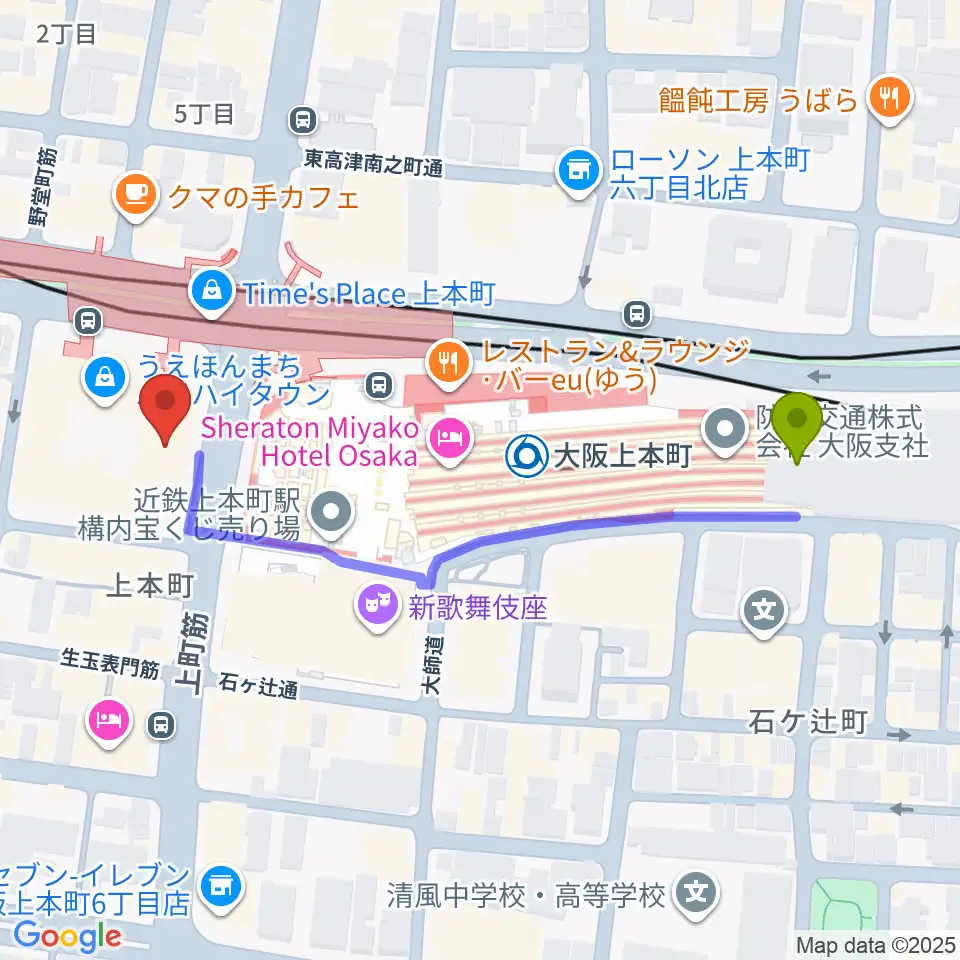 ウインド・スタイの最寄駅大阪上本町駅からの徒歩ルート（約5分）地図