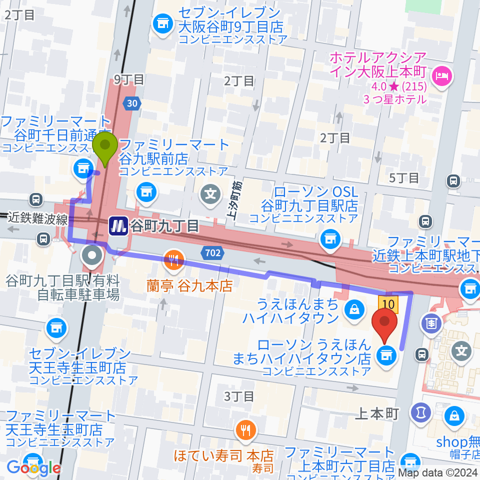 谷町九丁目駅からウインド・スタイへのルートマップ地図