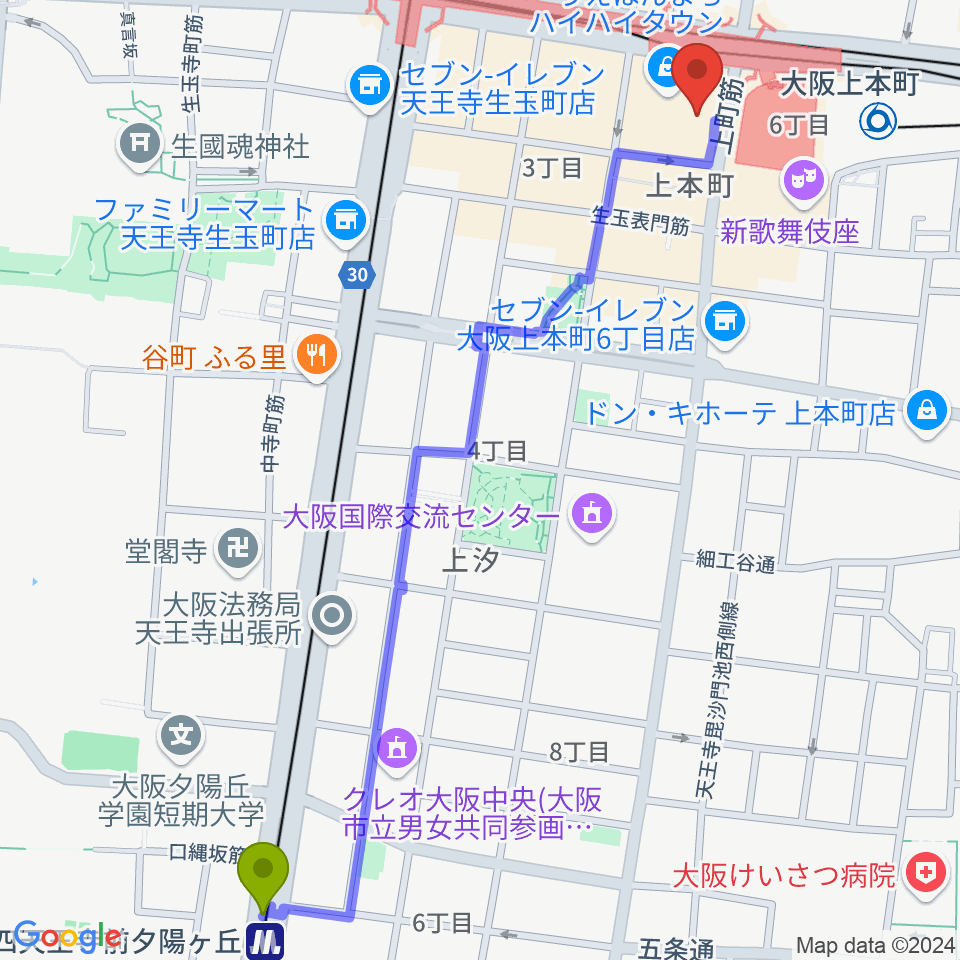 四天王寺前夕陽ヶ丘駅からウインド・スタイへのルートマップ地図