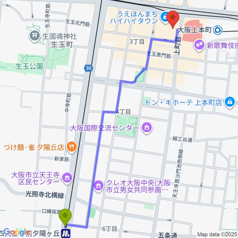 四天王寺前夕陽ヶ丘駅からウインド・スタイへのルートマップ地図