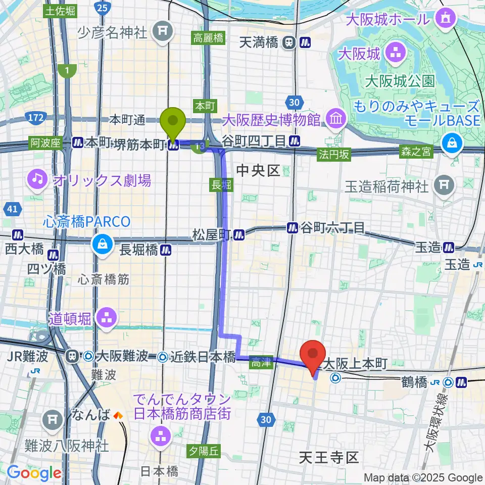 堺筋本町駅からウインド・スタイへのルートマップ地図