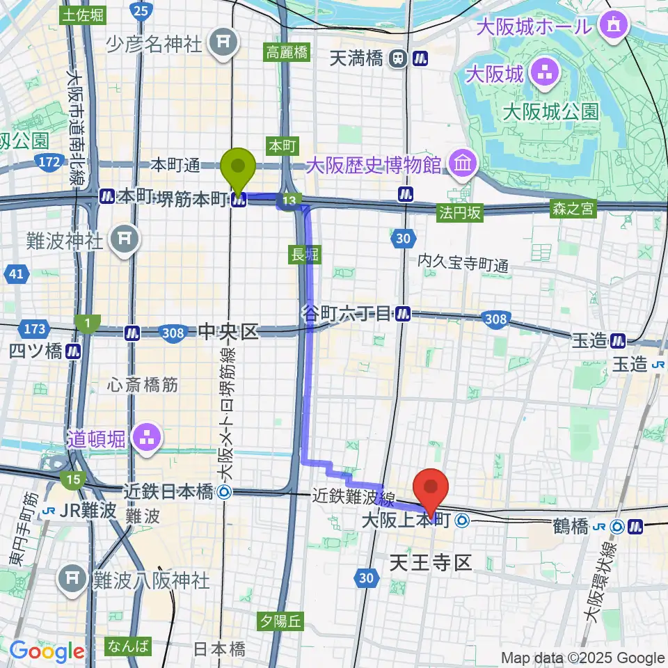 堺筋本町駅からウインド・スタイへのルートマップ地図