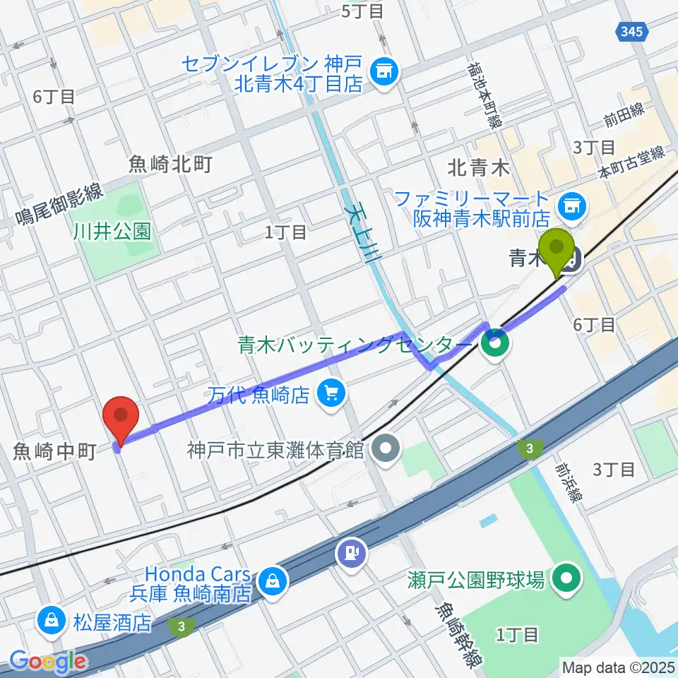 青木駅から日本ピアノサービスへのルートマップ地図