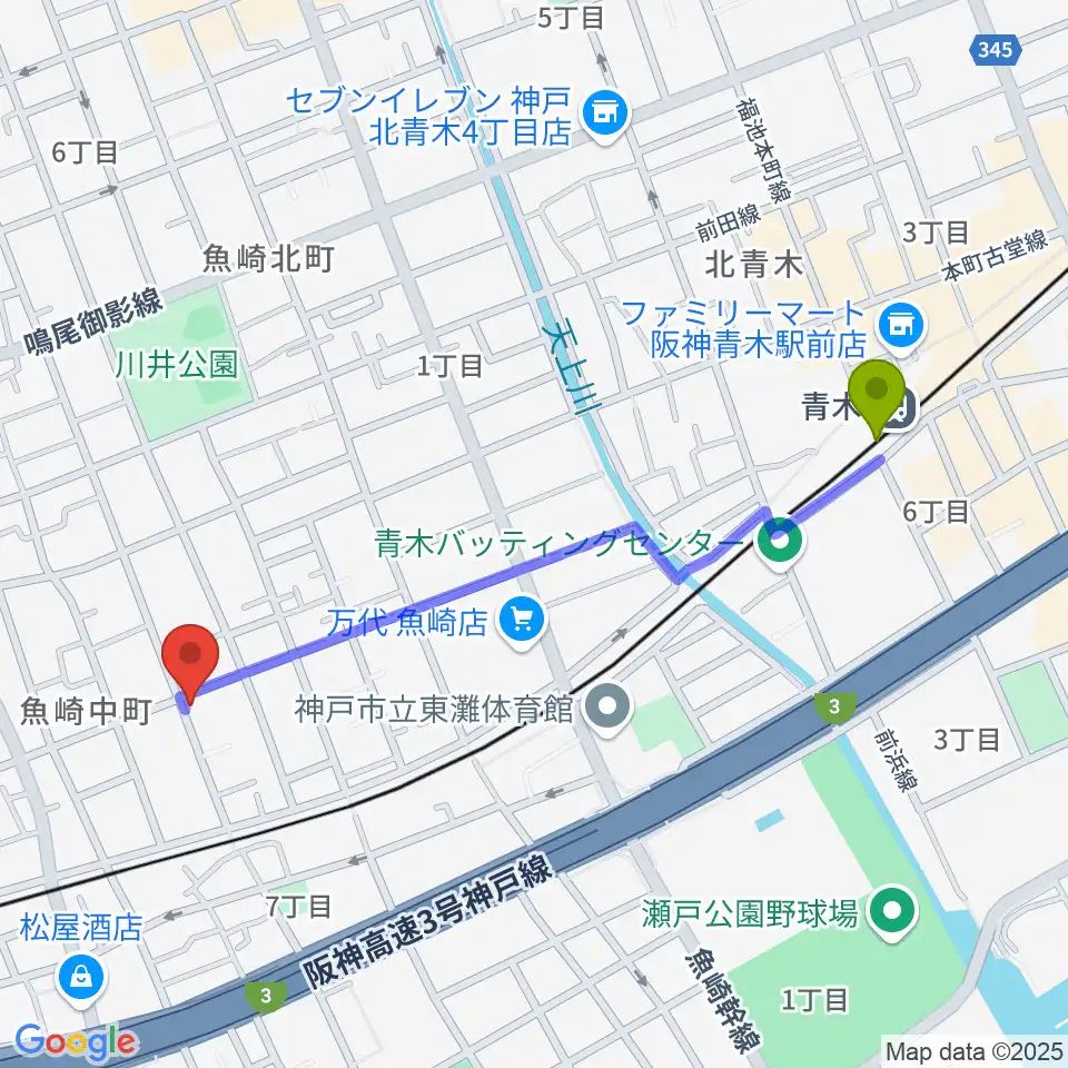 青木駅から日本ピアノサービスへのルートマップ地図