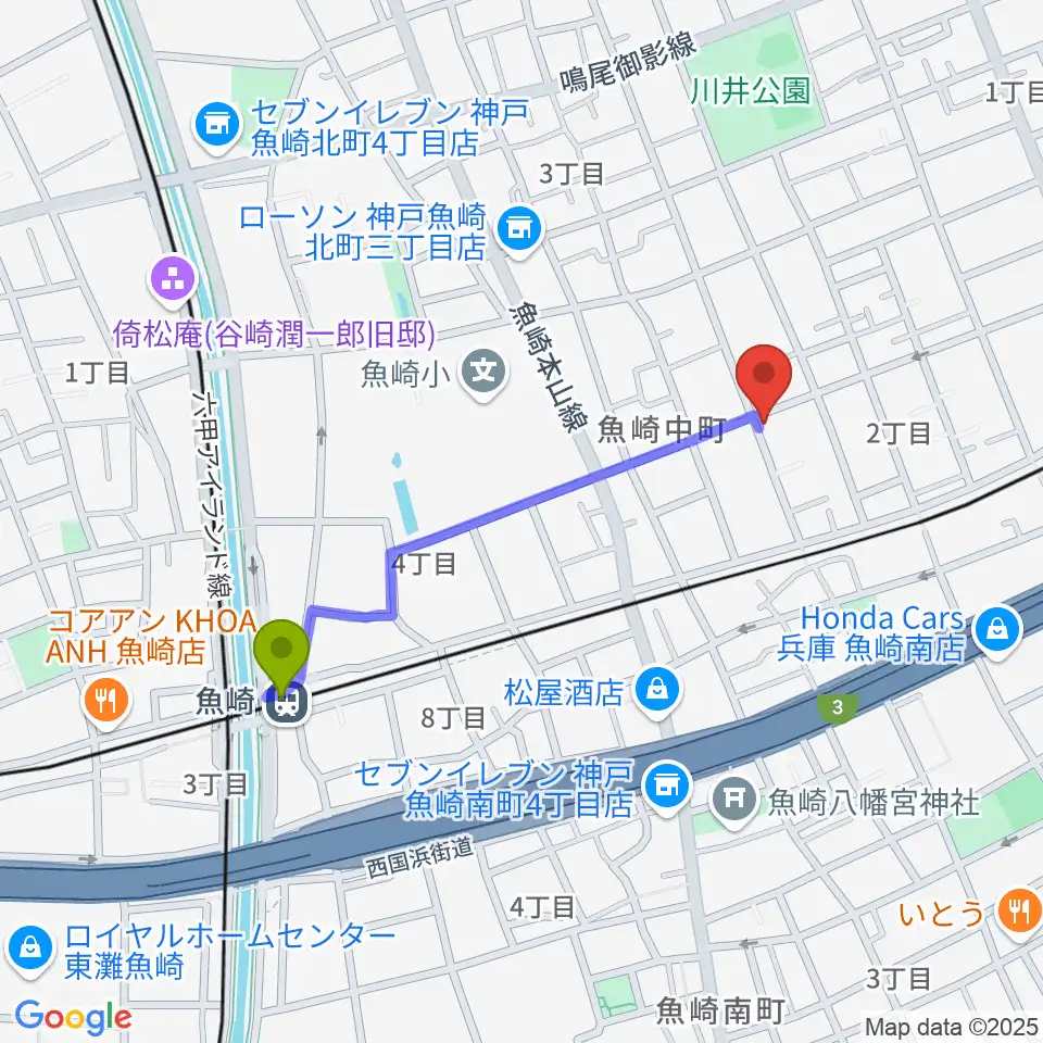 日本ピアノサービスの最寄駅魚崎駅からの徒歩ルート（約8分）地図