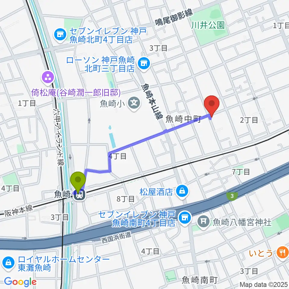 日本ピアノサービスの最寄駅魚崎駅からの徒歩ルート（約8分）地図