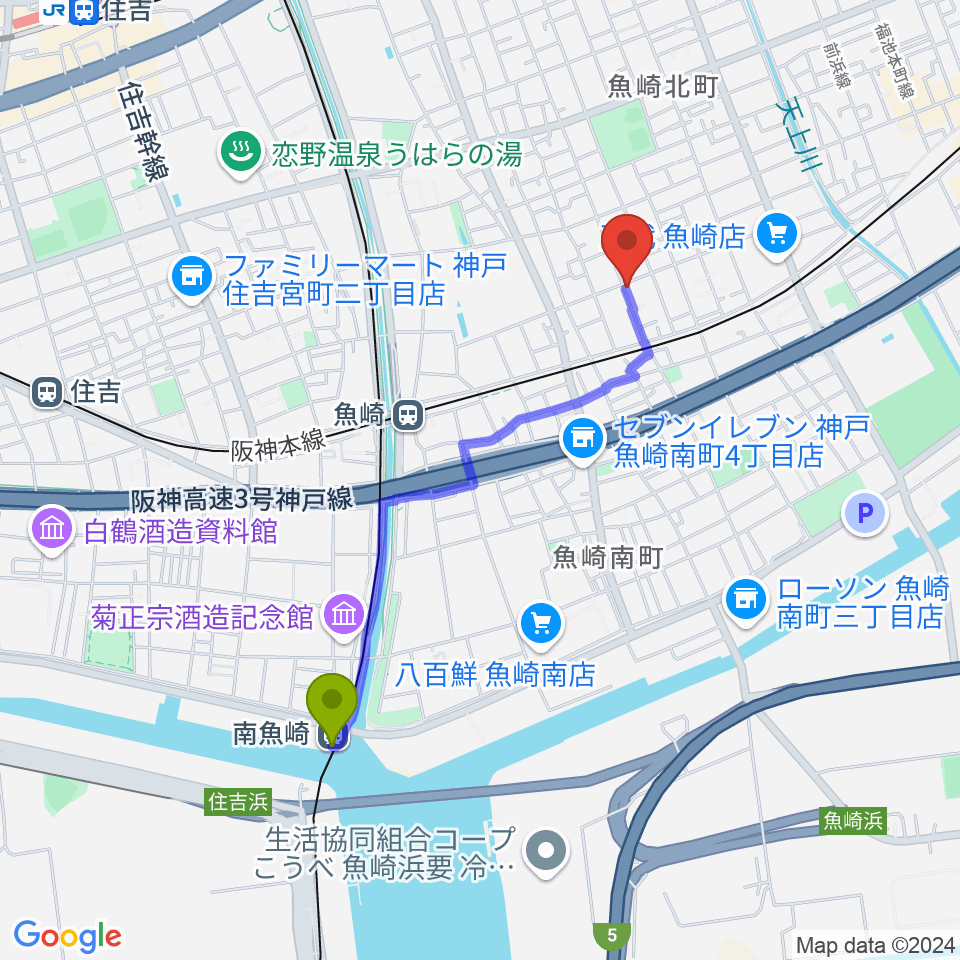 南魚崎駅から日本ピアノサービスへのルートマップ地図