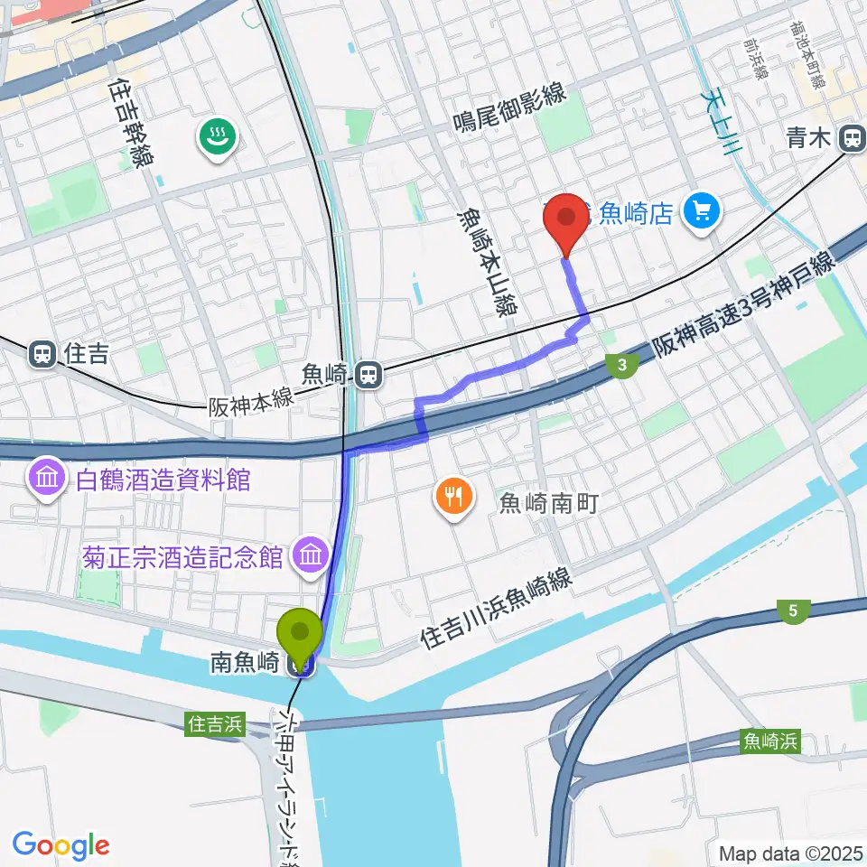 南魚崎駅から日本ピアノサービスへのルートマップ地図