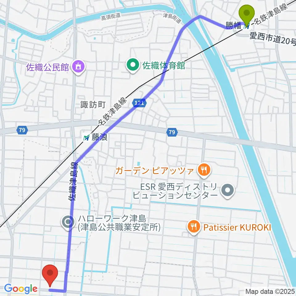 勝幡駅からダイイチ楽器へのルートマップ地図