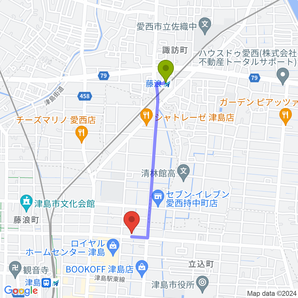 藤浪駅からダイイチ楽器へのルートマップ地図