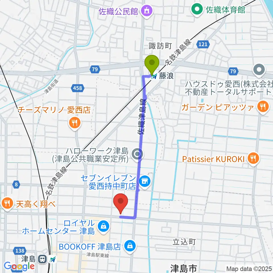 藤浪駅からダイイチ楽器へのルートマップ地図