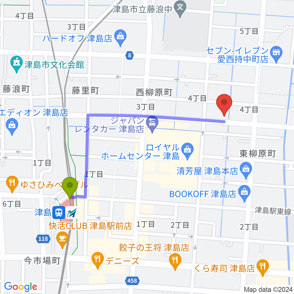 ダイイチ楽器の最寄駅津島駅からの徒歩ルート（約9分）地図