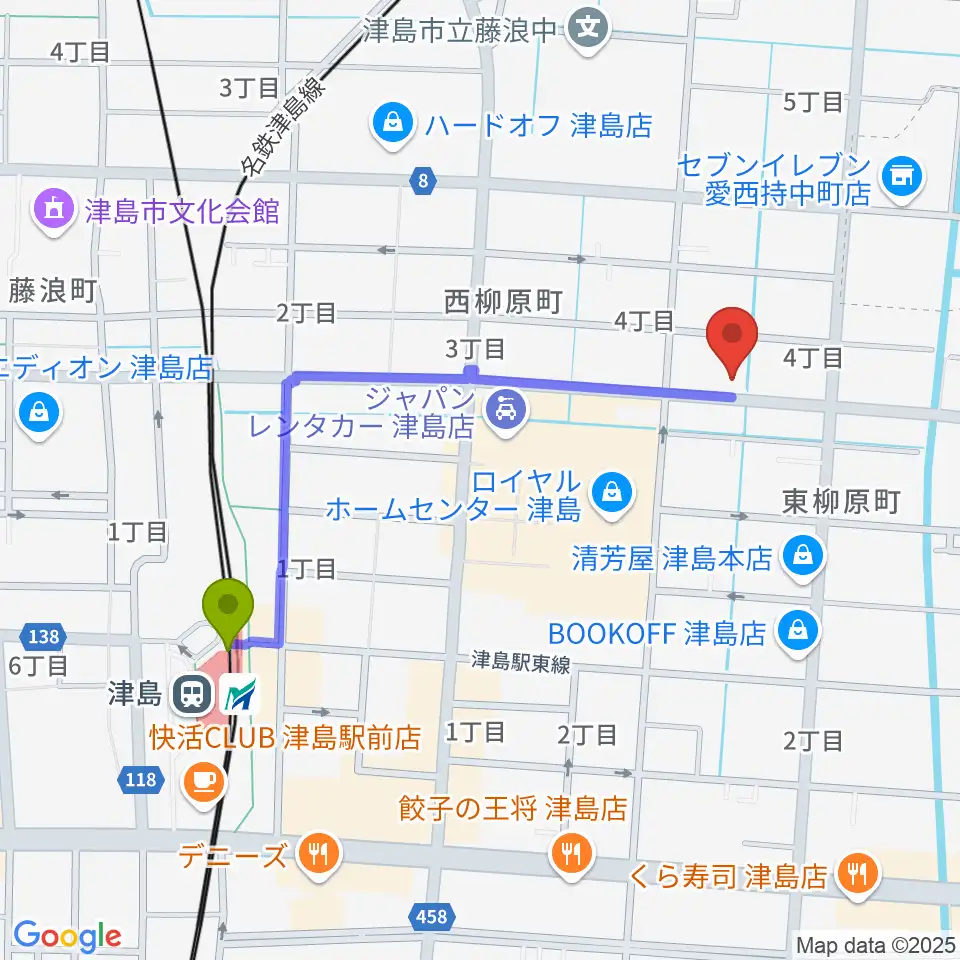 ダイイチ楽器の最寄駅津島駅からの徒歩ルート（約9分）地図