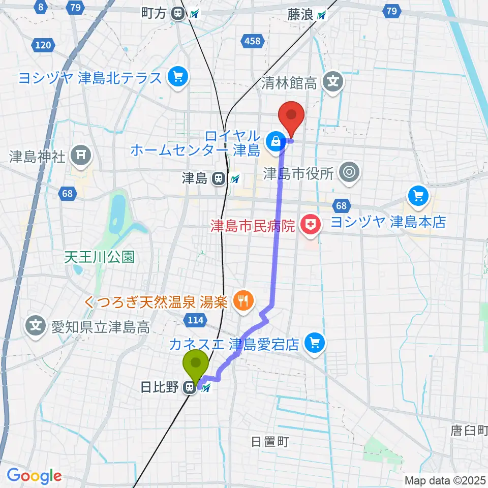 日比野駅からダイイチ楽器へのルートマップ地図