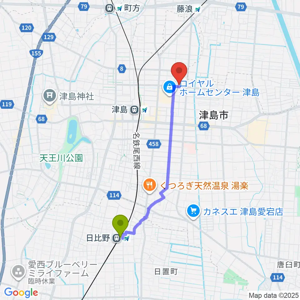 日比野駅からダイイチ楽器へのルートマップ地図
