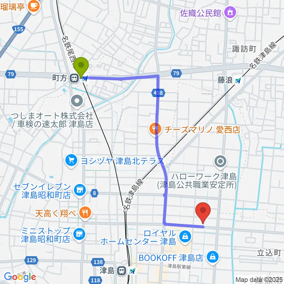 町方駅からダイイチ楽器へのルートマップ地図