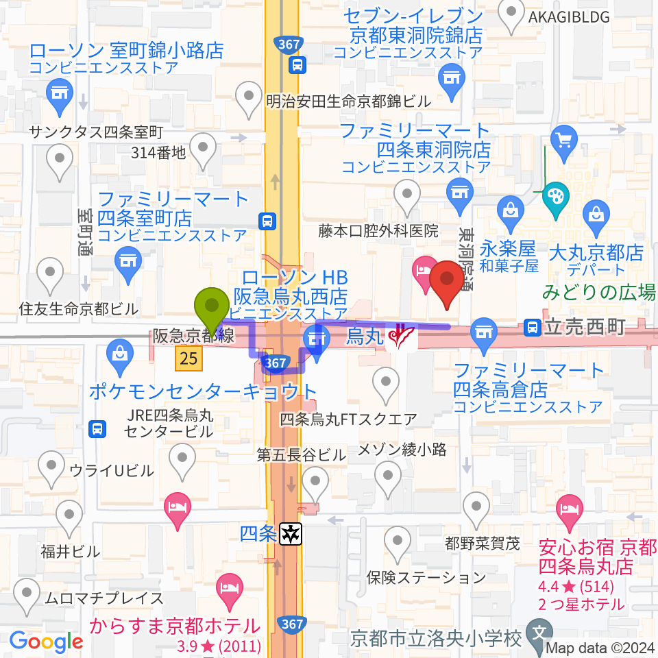 JEUGIA Basic.の最寄駅烏丸駅からの徒歩ルート（約3分）地図