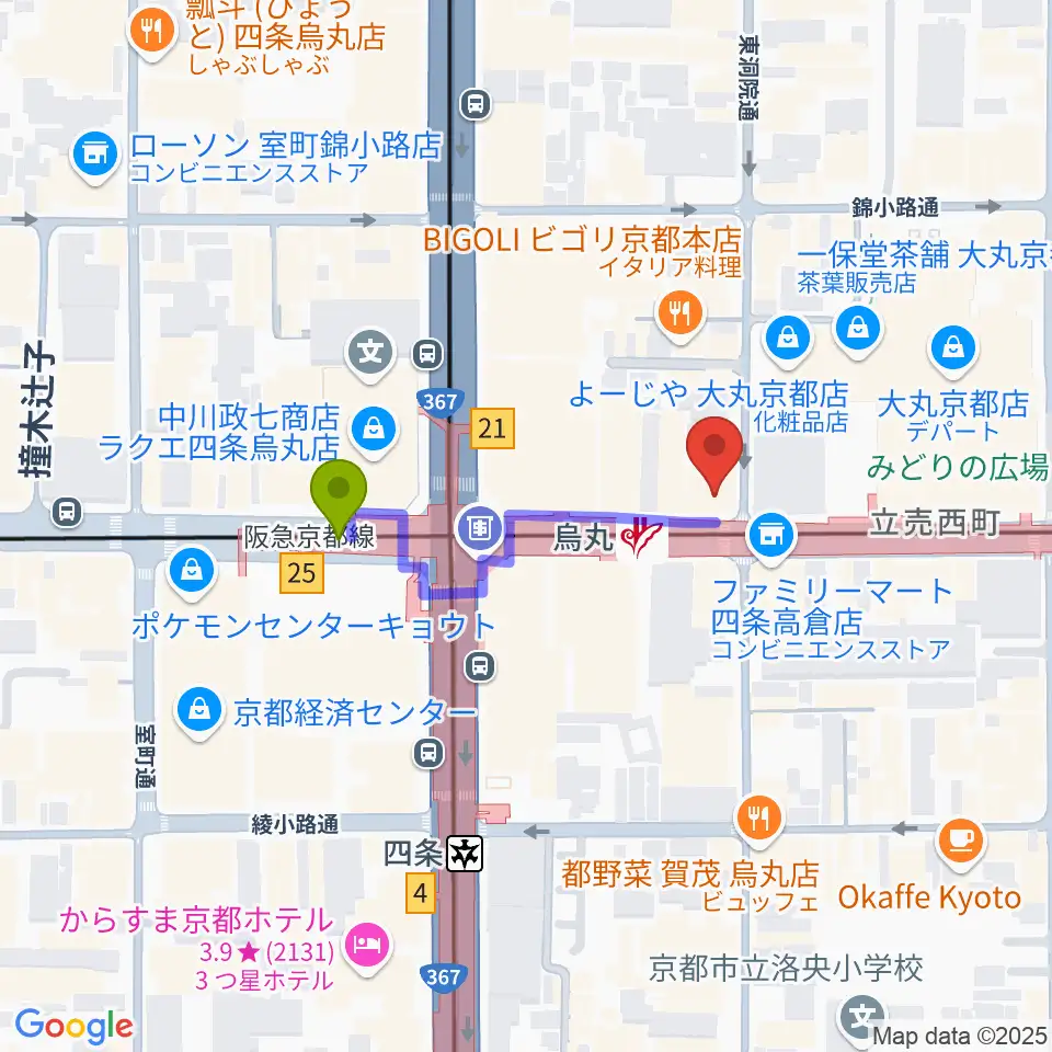JEUGIA Basic.の最寄駅烏丸駅からの徒歩ルート（約3分）地図