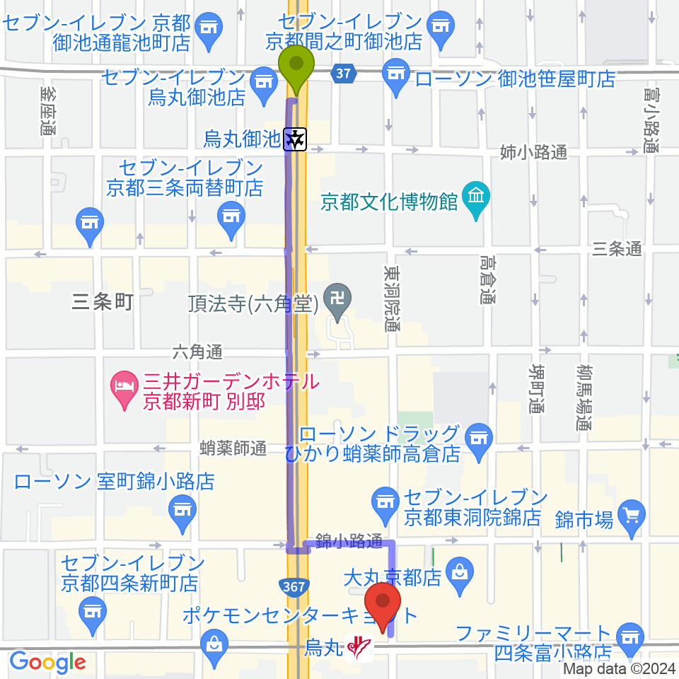 烏丸御池駅からJEUGIA Basic.へのルートマップ地図