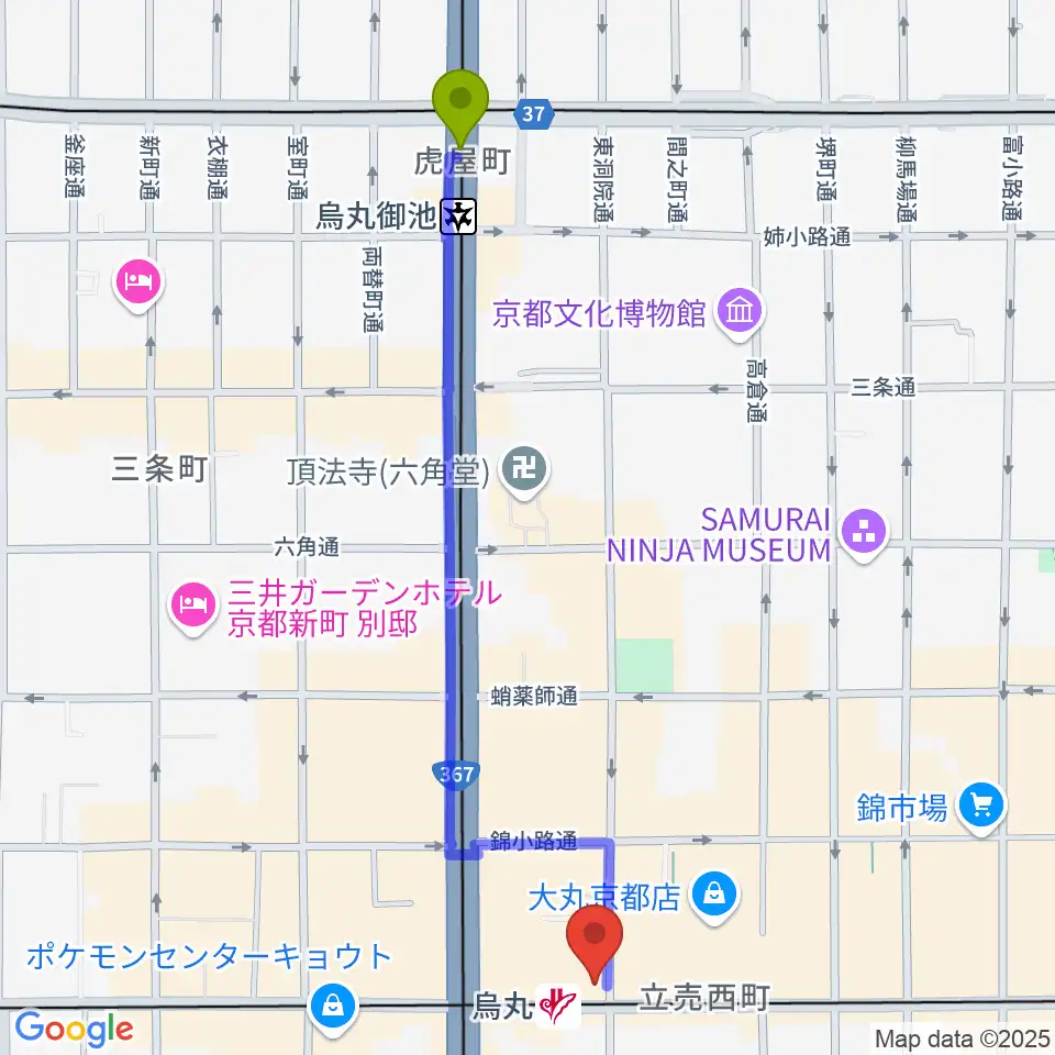 烏丸御池駅からJEUGIA Basic.へのルートマップ地図