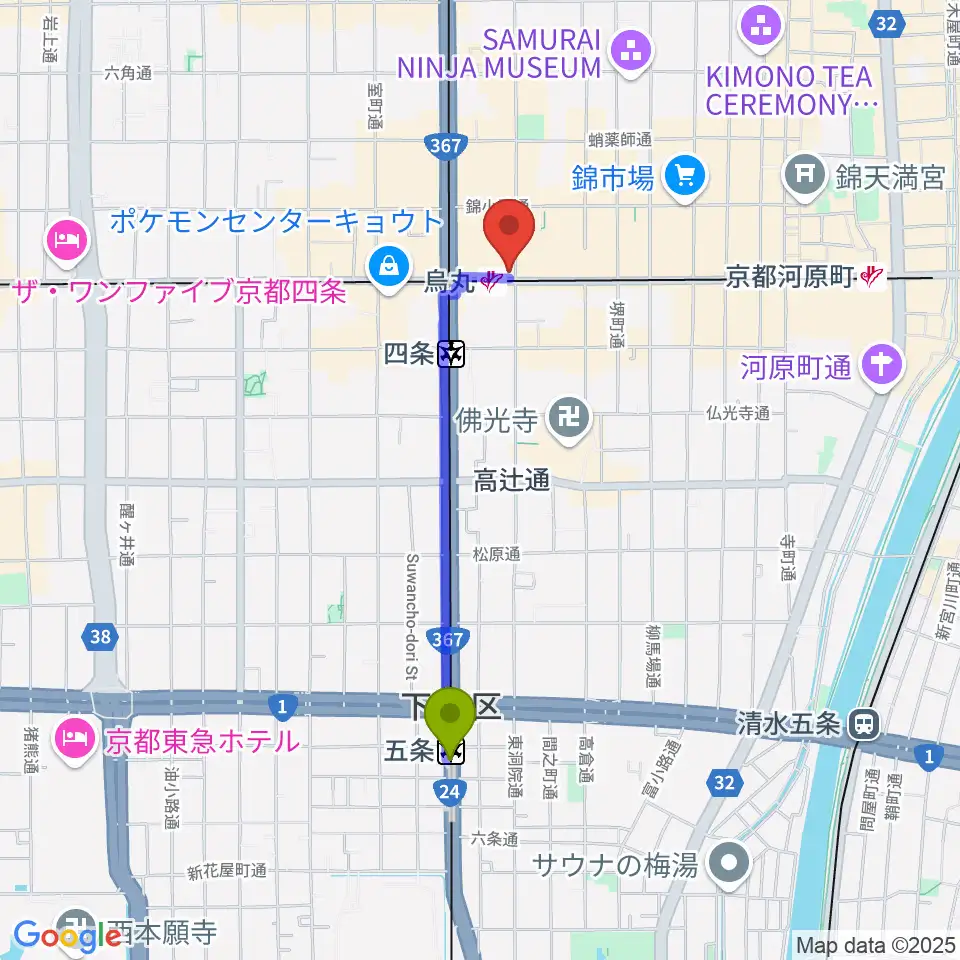 五条駅からJEUGIA Basic.へのルートマップ地図
