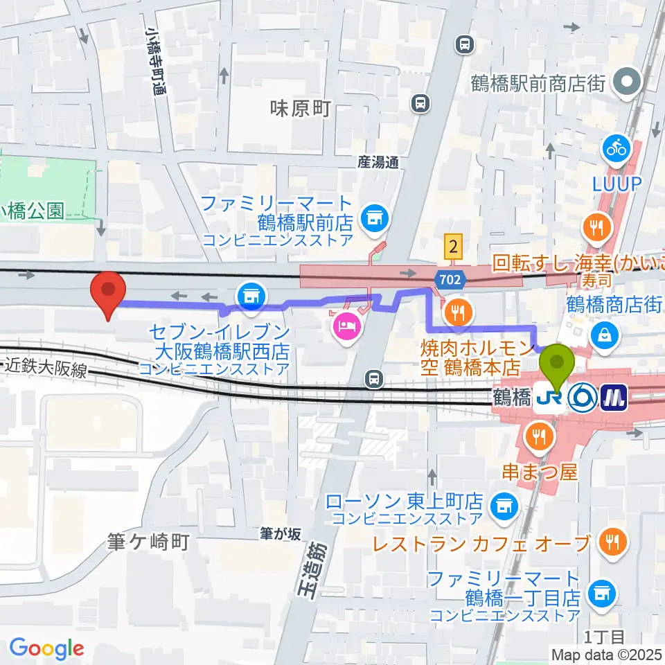 福田楽譜の最寄駅鶴橋駅からの徒歩ルート（約5分）地図