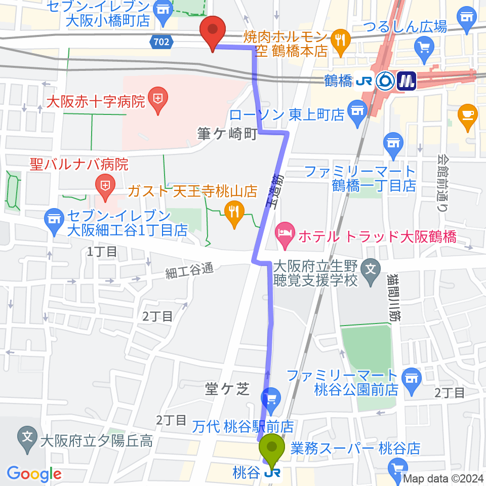 桃谷駅から福田楽譜へのルートマップ地図