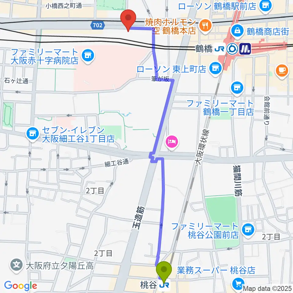 桃谷駅から福田楽譜へのルートマップ地図