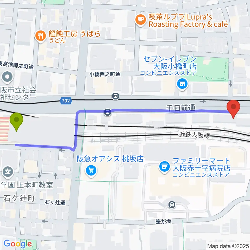 大阪上本町駅から福田楽譜へのルートマップ地図