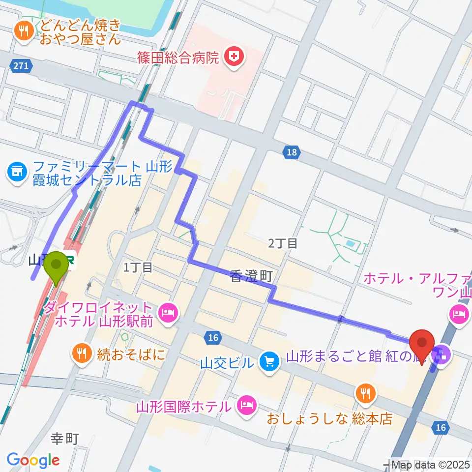 辻楽器店の最寄駅山形駅からの徒歩ルート（約12分）地図
