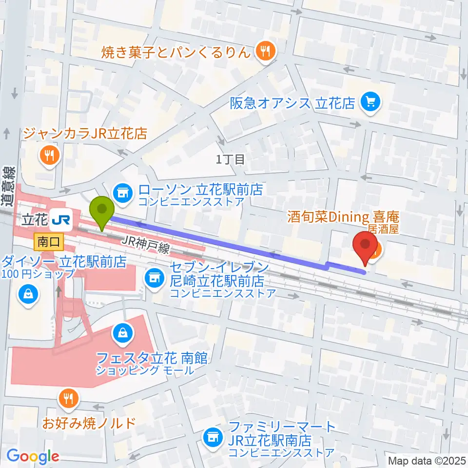 マサゴ楽器の最寄駅立花駅からの徒歩ルート（約4分）地図