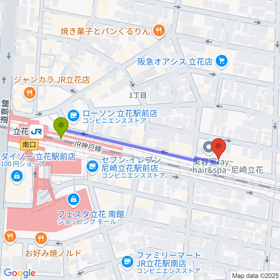 マサゴ楽器の最寄駅立花駅からの徒歩ルート（約4分）地図