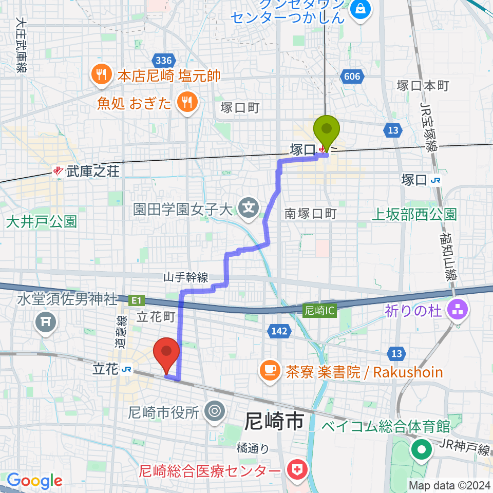 塚口駅からマサゴ楽器へのルートマップ地図