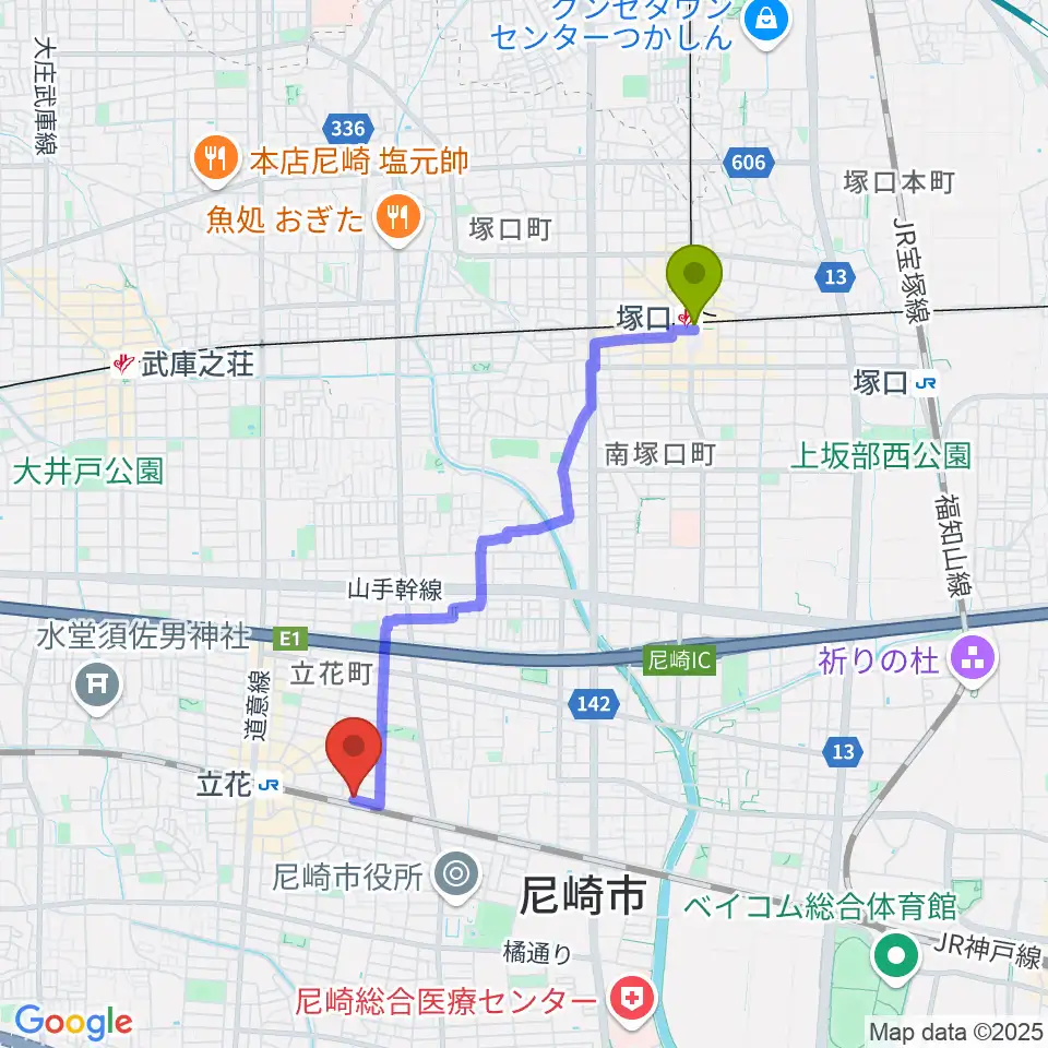 塚口駅からマサゴ楽器へのルートマップ地図