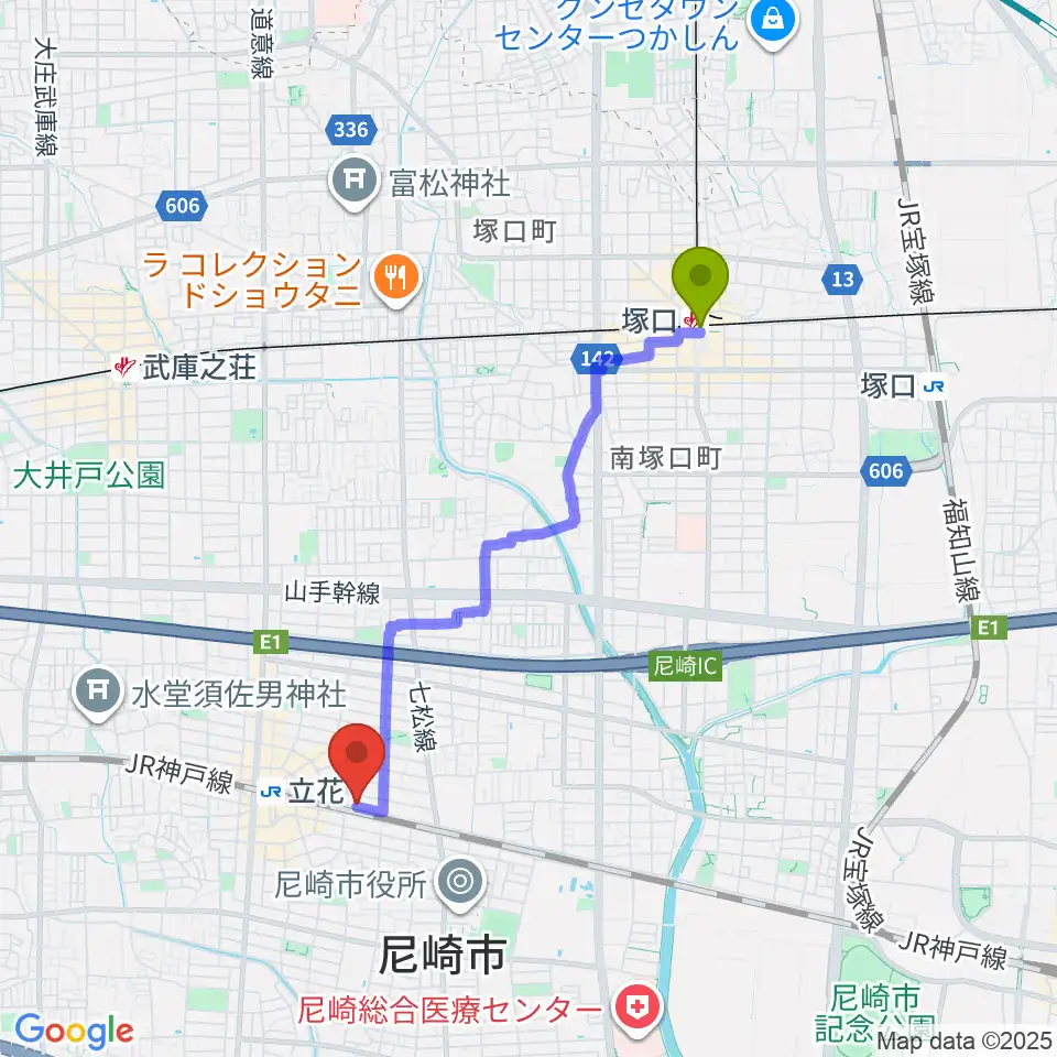 塚口駅からマサゴ楽器へのルートマップ地図